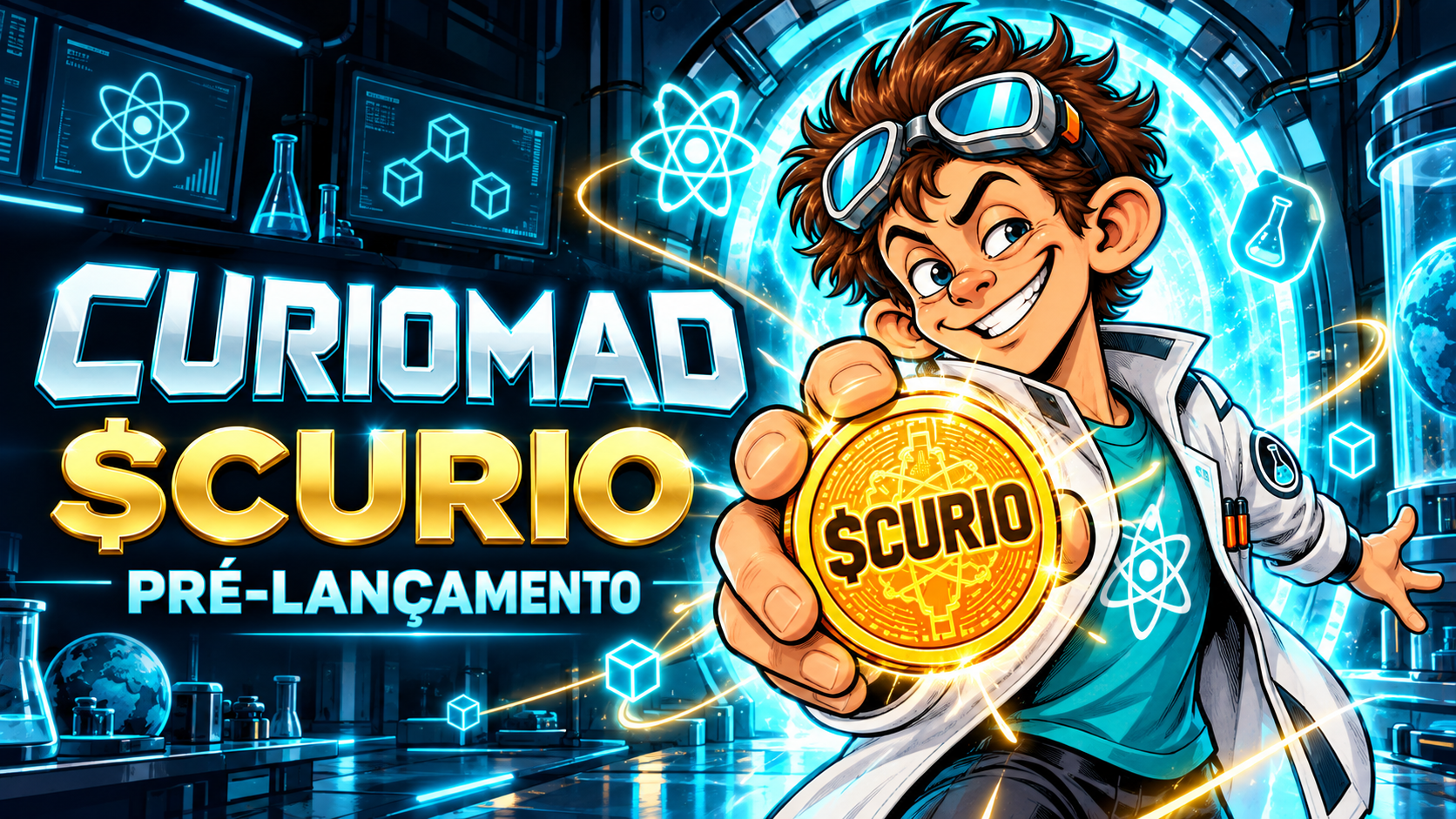 Mascote cientista CURIOMAD apresentando a moeda $CURIO